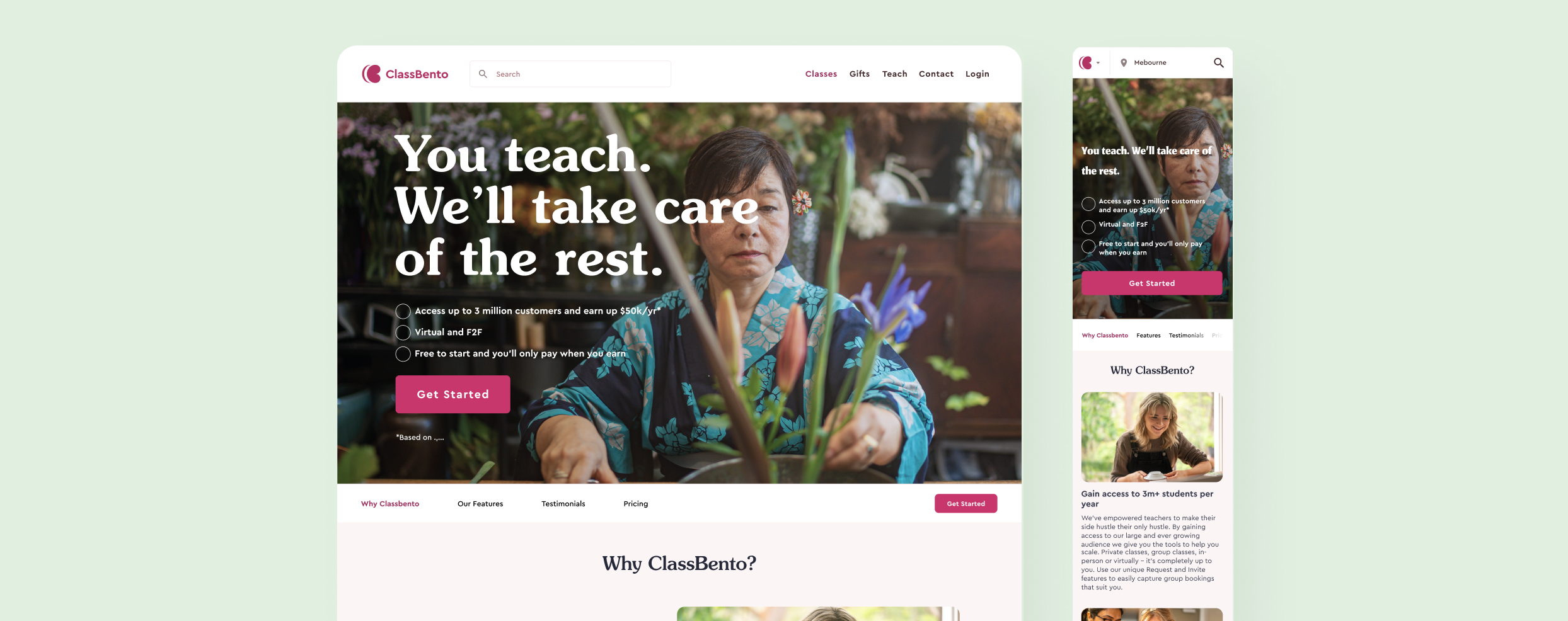Redesigned Teach landing page shown on desktop and mobile with a photographic hero and single call to action.